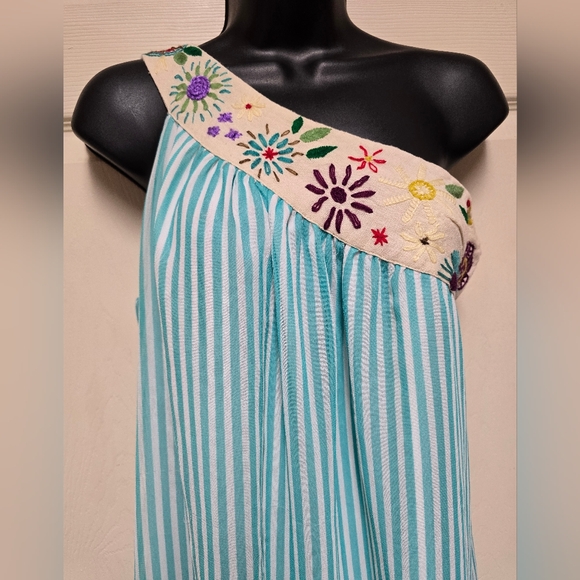 Judith March One Shoulder Embroidered Teal Blue Striped Mini Dress Womens Size M - Picture 3 of 16
